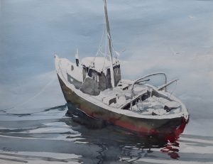 Boat Covered with Snow船上雪28x22 inWatercolor水彩