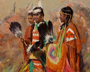 Powwow Girls穿節日盛裝的原住民女孩16x20 inOil on Linen Canvas亞麻布油畫