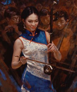 Girl with Erhu 二胡手24x20 in / Oil on Linen Canvas 亞麻布油畫$4,800 Framed / $4,500 Unframed
