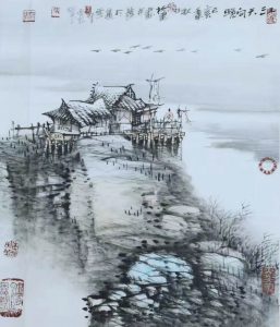 Night Scene of the Lake江天向晚17x20 inChinese Ink and Color水墨設色