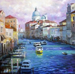 Busy Venice Canal繁忙的威尼斯運河30x30 inOil油畫