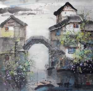 Small Bridge Over Running Water小橋流水25x25 inWater Ink水墨