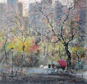 Deep Autumn Manhattan(Central Park, New York)秋日曼哈頓（美國紐約中央公園）25x25 inWater Ink水墨