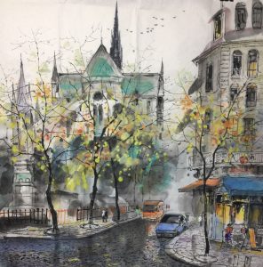 Notre Dame Cathedral Guid巴黎聖母院25x25 inWater Ink水墨