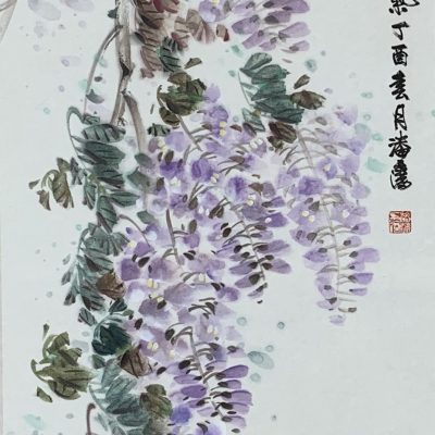 PAN Fan(潘藩)_Sparrows under wisteria(紫藤麻雀圖)_Water Ink（水墨）_13x51inch
